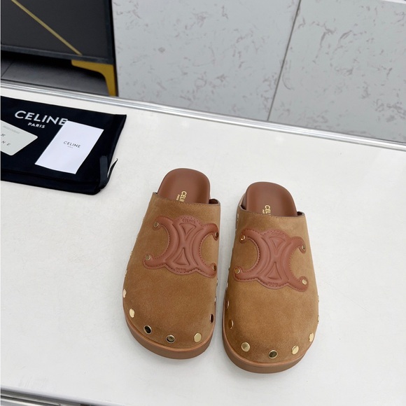 Celine Tan Suede Mules with Gold Accents - Picture 1 of 6